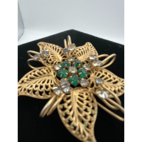 Vintage Gold Tone Brooch Pendant Star Flower Green and Clear Rhinestones 2" - Picture 5 of 11